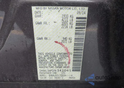 2015 Nissan Altima 2.5 Sl из США, поврежденный, VIN 1N4AL3AP1FN341045